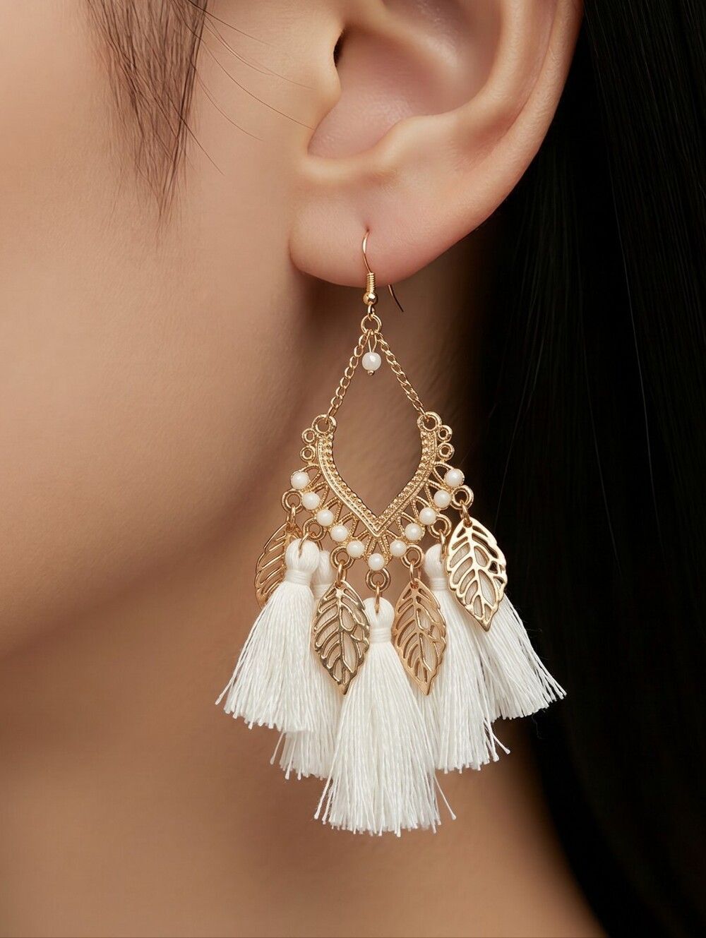 White Fringe Tassel Earrings Boho Luxe Beach Wedding Gold Chandelier Euro Summer